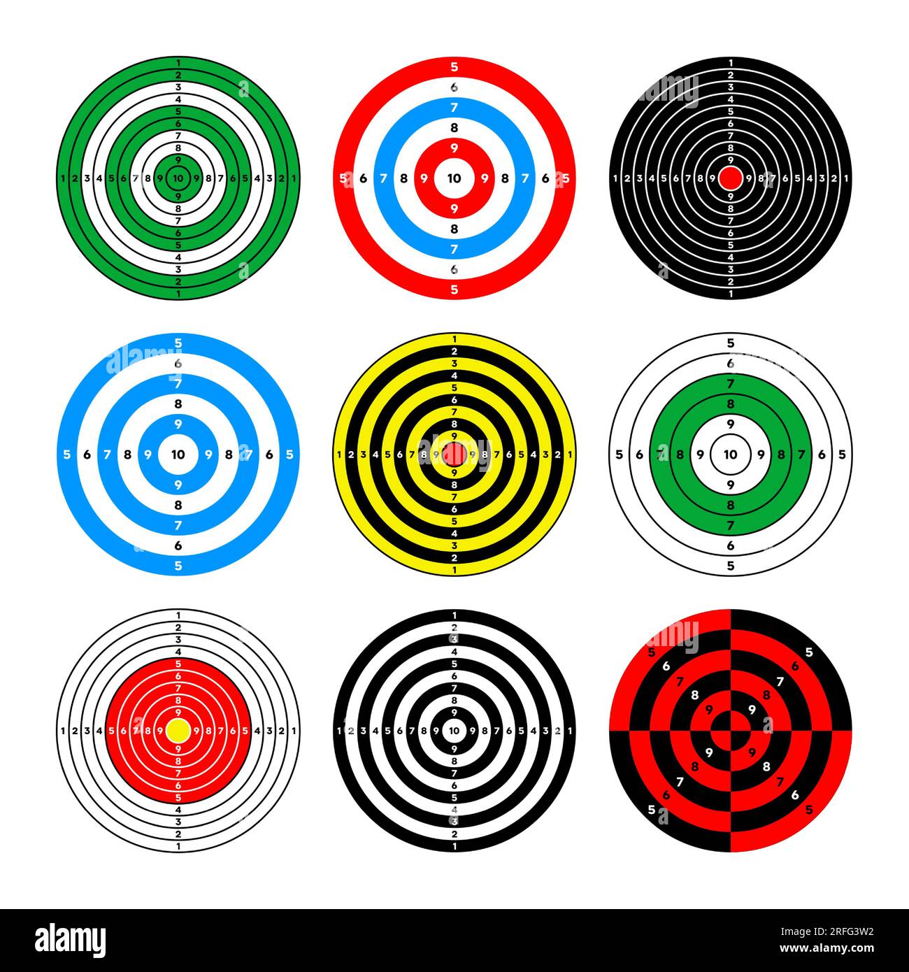 Shooting range paper targets. Round target with divisions, marks and numbers. Archery, gun shooting practise and training, sport competition and Stock Vector