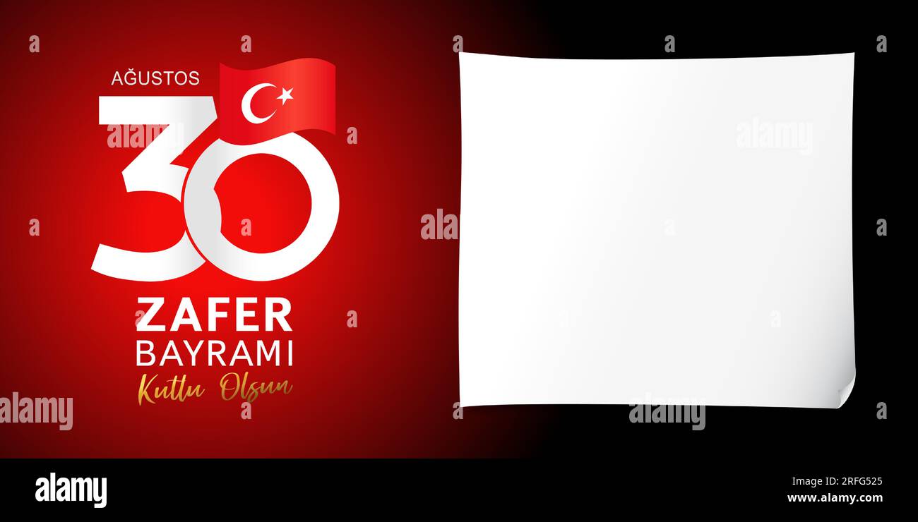 Augustos 30 Zafer Bayrami greeting card template - August 30 Victory Day of Turkey. Creative number 30. Empty sheet of paper. Stock Vector