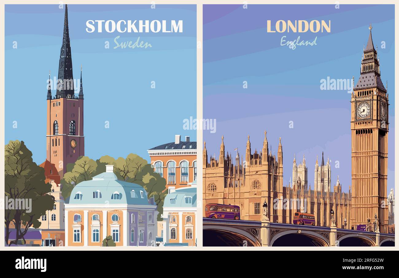 Set of Travel Destination Posters in retro style.  Stock Vector