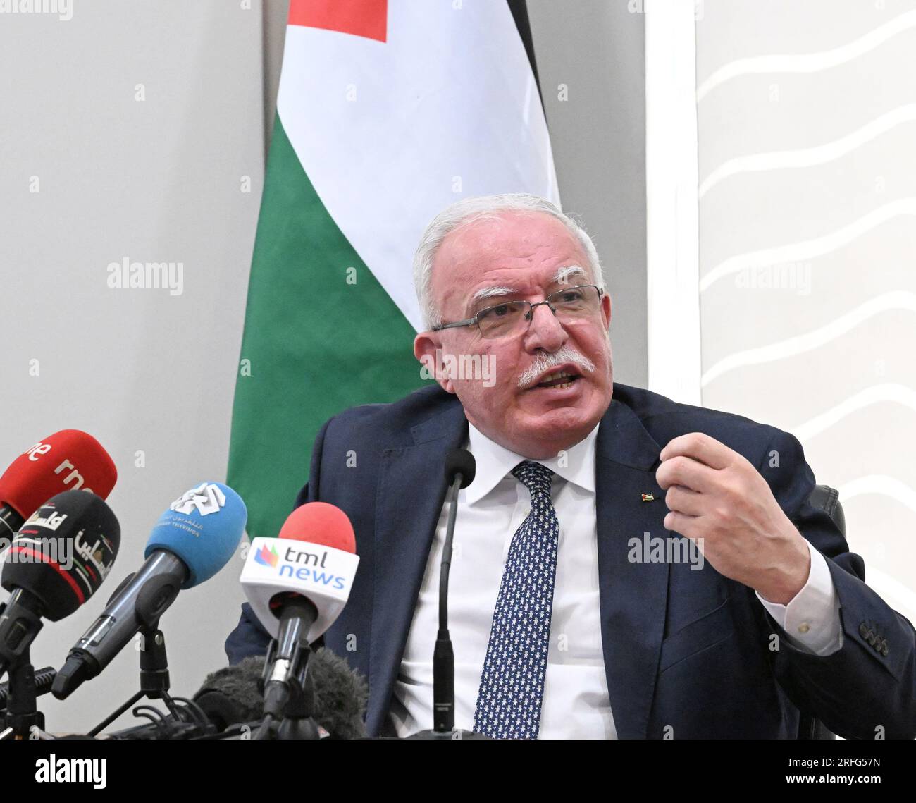 Ramallah, Gaza. 03rd Aug, 2023. Palestinian Foreign Minister Riyad al-Maliki of the Palestinian National Authority holds a press conference with the Foreign Press Association in his office in Ramallah, West Bank, August 3, 2023. Photo by Debbie Hill/ Credit: UPI/Alamy Live News Stock Photo