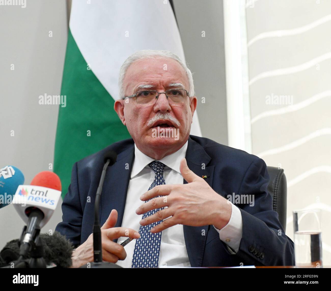 Ramallah, Gaza. 03rd Aug, 2023. Palestinian Foreign Minister Riyad al-Maliki of the Palestinian National Authority holds a press conference with the Foreign Press Association in his office in Ramallah, West Bank, August 3, 2023. Photo by Debbie Hill/ Credit: UPI/Alamy Live News Stock Photo