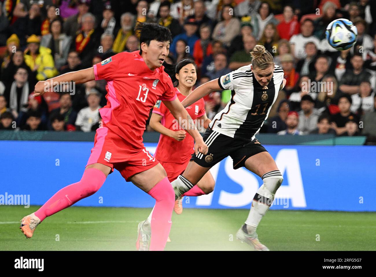 Brisbane, Australia. 3rd Aug, 2023. Alexandra Popp (R) of Germany heads the ball during the Group H match between South Korea and Germany at the 2023 FIFA Women's World Cup in Brisbane, Australia, Aug. 3, 2023. Credit: Xiong Qi/Xinhua/Alamy Live News Stock Photo