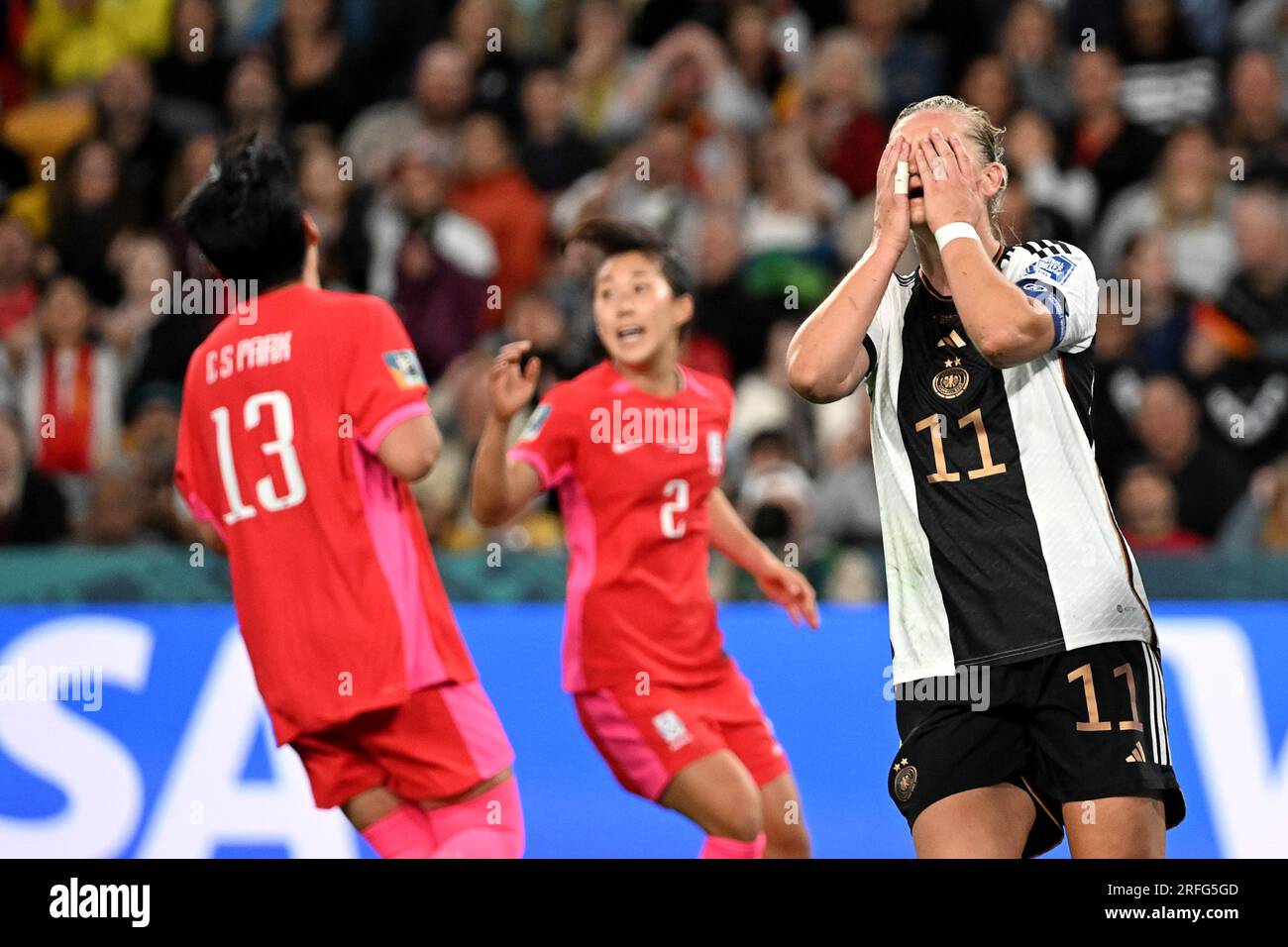 Brisbane, Australia. 3rd Aug, 2023. Alexandra Popp (R) of Germany reacts during the Group H match between South Korea and Germany at the 2023 FIFA Women's World Cup in Brisbane, Australia, Aug. 3, 2023. Credit: Xiong Qi/Xinhua/Alamy Live News Stock Photo