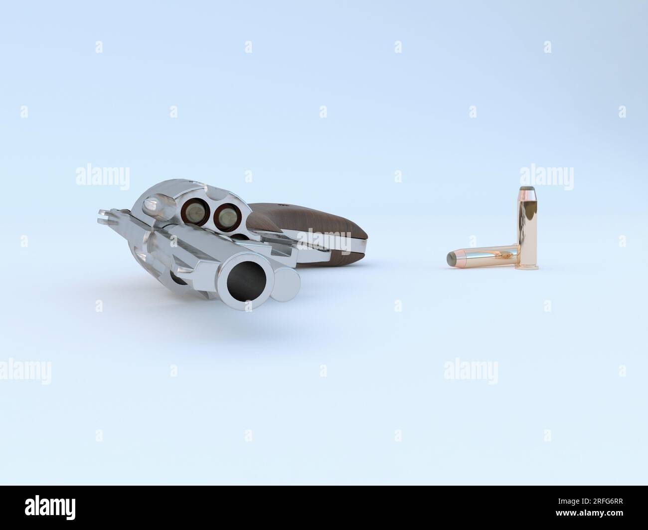 3D render - a silver revolver and two cartridges for it on a white ...