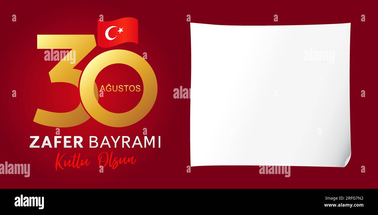 Augustos 30 Zafer Bayrami greeting card template - August 30 Victory Day of Turkey. Creative number 30. Empty sheet of paper. Stock Vector