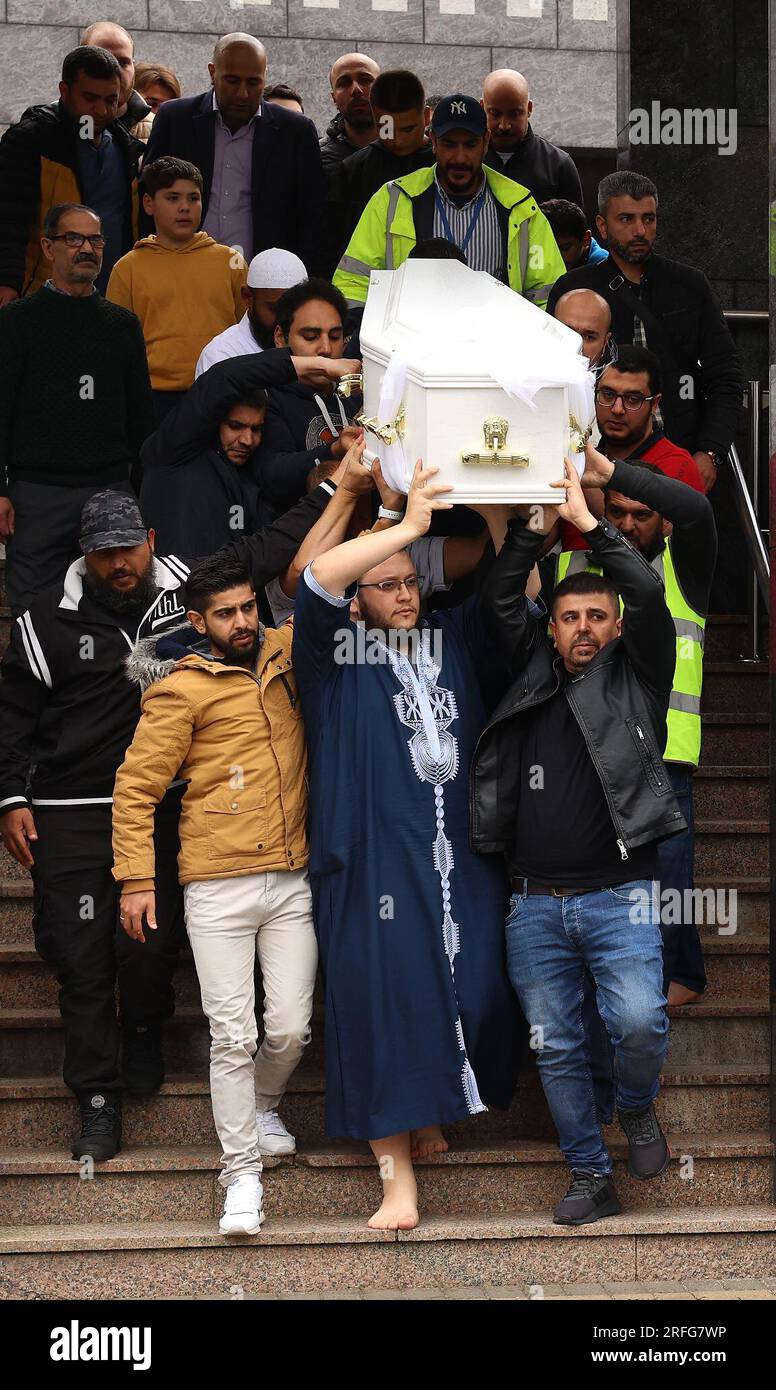 The coffin of Dlava Mohamed is carried from Clonskeagh Mosque in Dublin after her funeral. Dlava, 16, and Kiea McCann, 17, both students at Largy College in Clones, were killed, and three others were injured on the N54 Clones to Smithborough road at Legnakelly, Co. Monaghan, after a road traffic collision at around 6.45pm on Monday. Picture date: Thursday August 3, 2023. Stock Photo