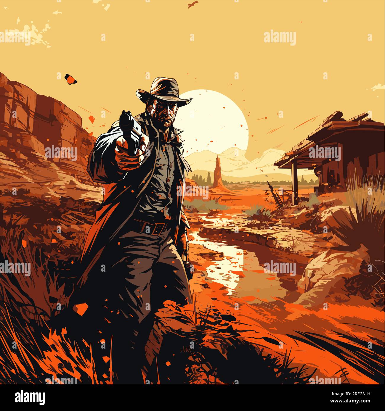 Shooting Cowboy Hand Drawn Comic Illustration Cowboy With A Gun Vector Doodle Style Cartoon 9920