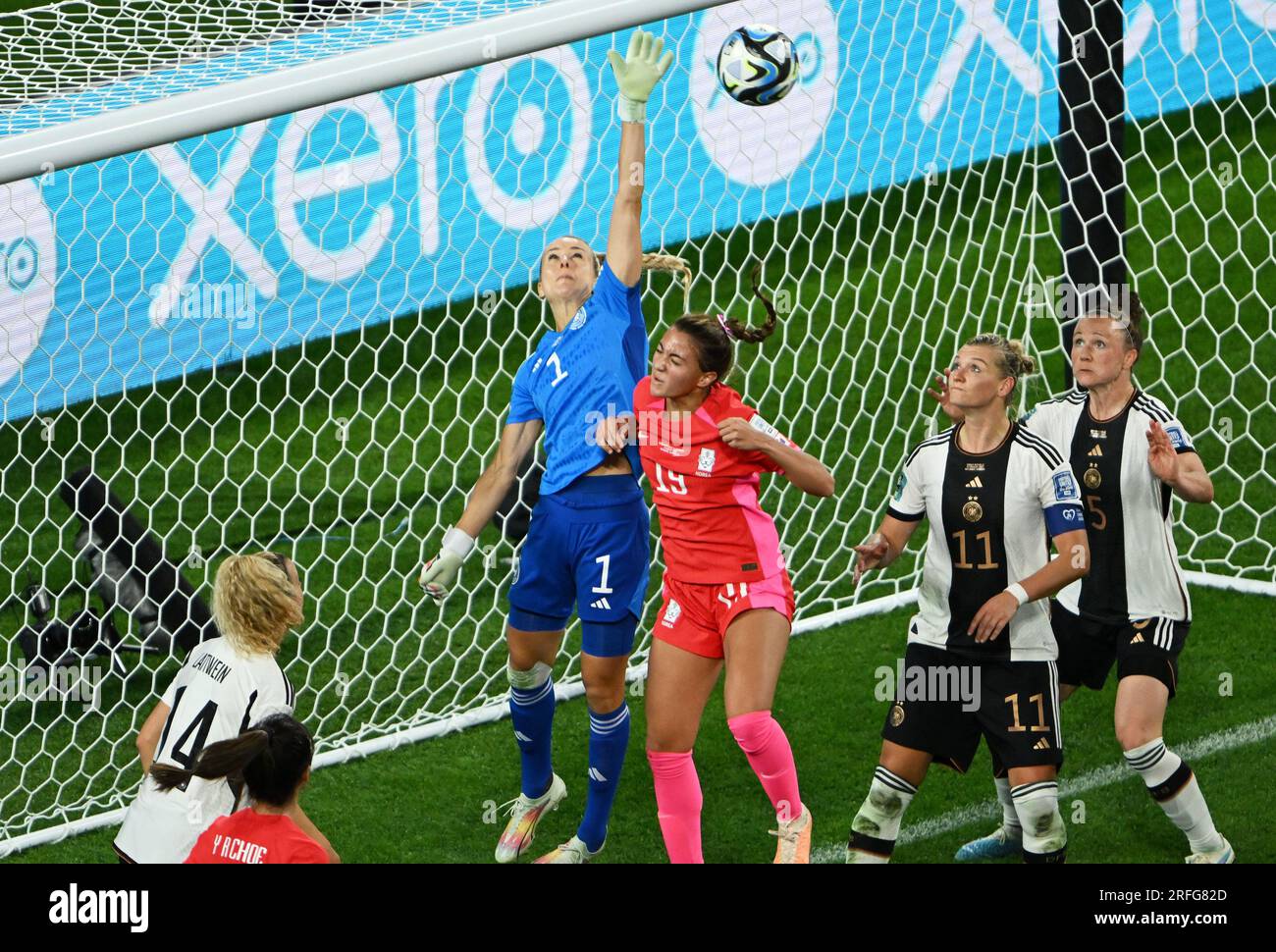 Brisbane, Australia. 3rd Aug, 2023. Germany's goalkeeper Merle Frohms (4th R) makes a save during the Group H match between South Korea and Germany at the 2023 FIFA Women's World Cup in Brisbane, Australia, Aug. 3, 2023. Credit: Li Yibo/Xinhua/Alamy Live News Stock Photo