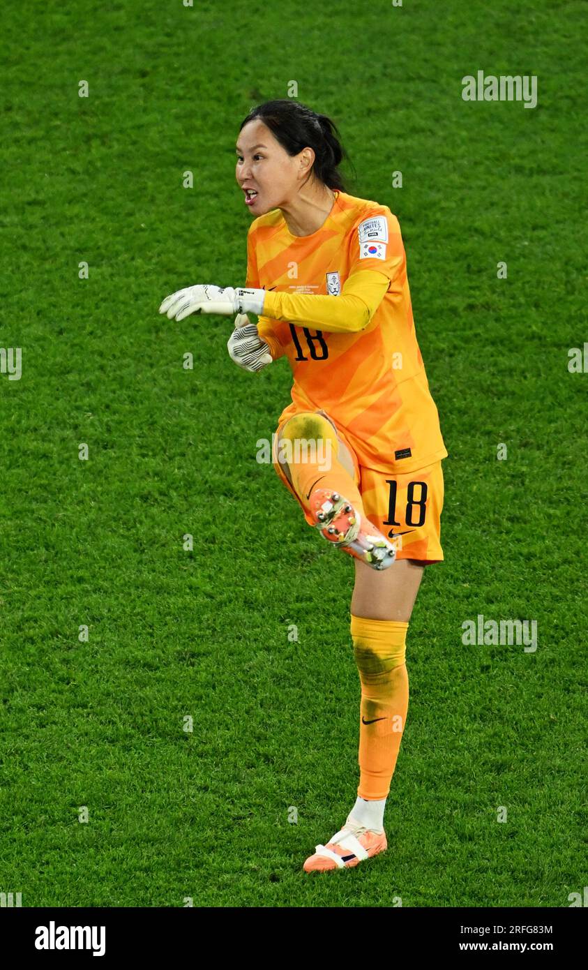 Brisbane, Australia. 3rd Aug, 2023. South Korea's goalkeeper Kim Jungmi gestures during the Group H match between South Korea and Germany at the 2023 FIFA Women's World Cup in Brisbane, Australia, Aug. 3, 2023. Credit: Li Yibo/Xinhua/Alamy Live News Stock Photo