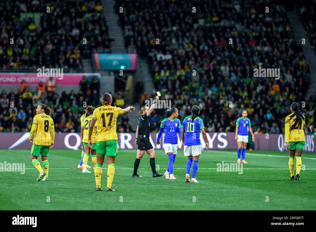 Referee Esther Staubli seen giving a yellow card during the FIFA Women's World Cup 2023 Group match between Brazil and Jamaica at the Melbourne Rectangular Stadium. Final score Brazil 0:0 Jamaica. (Photo by Alexander Bogatyrev / SOPA Image/Sipa USA) Stock Photo