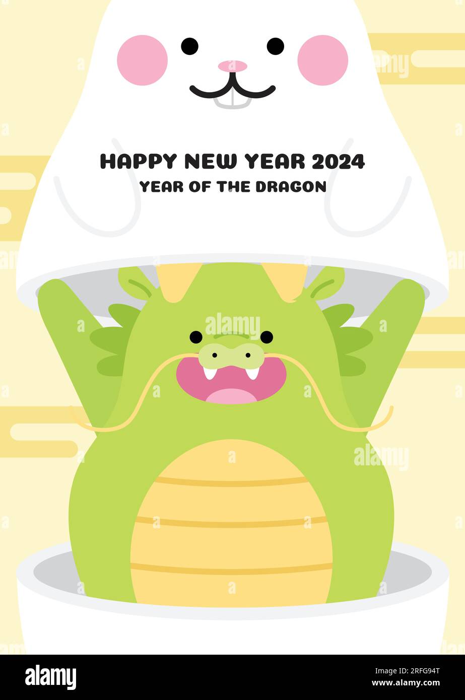 Cute zodiac animals rabbit and dragon year 2024 greetings card. Year of