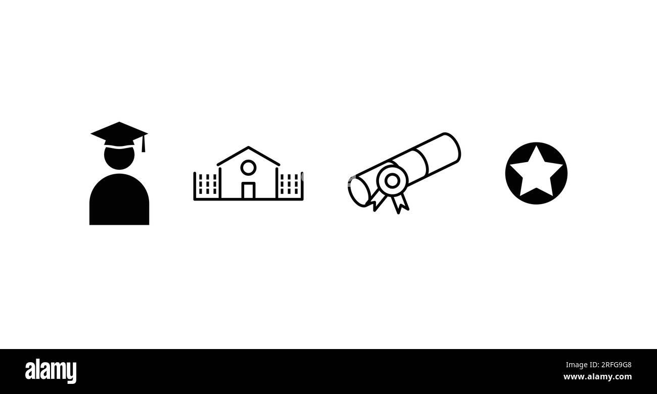 School or university vector icons set. Education pictograms set. School building, graduate student with cap portrait, diploma, achievement symbol. Stock Vector
