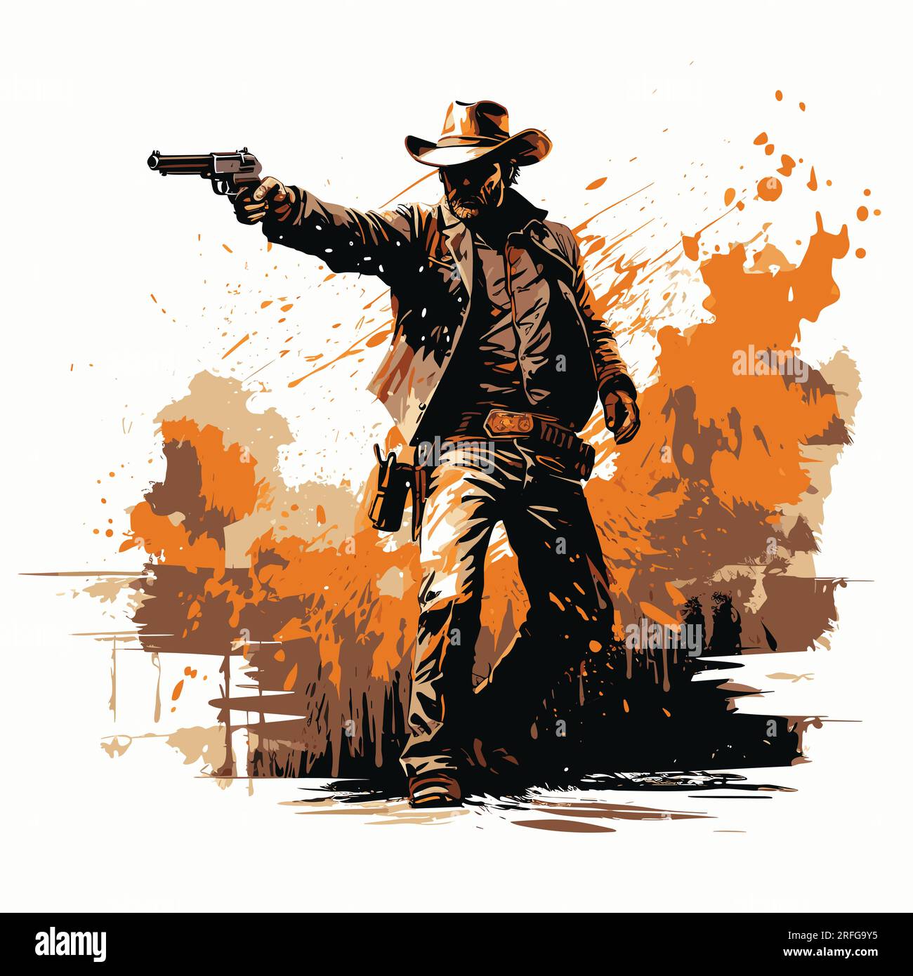 Shooting cowboy hand-drawn comic illustration. Cowboy with a gun
