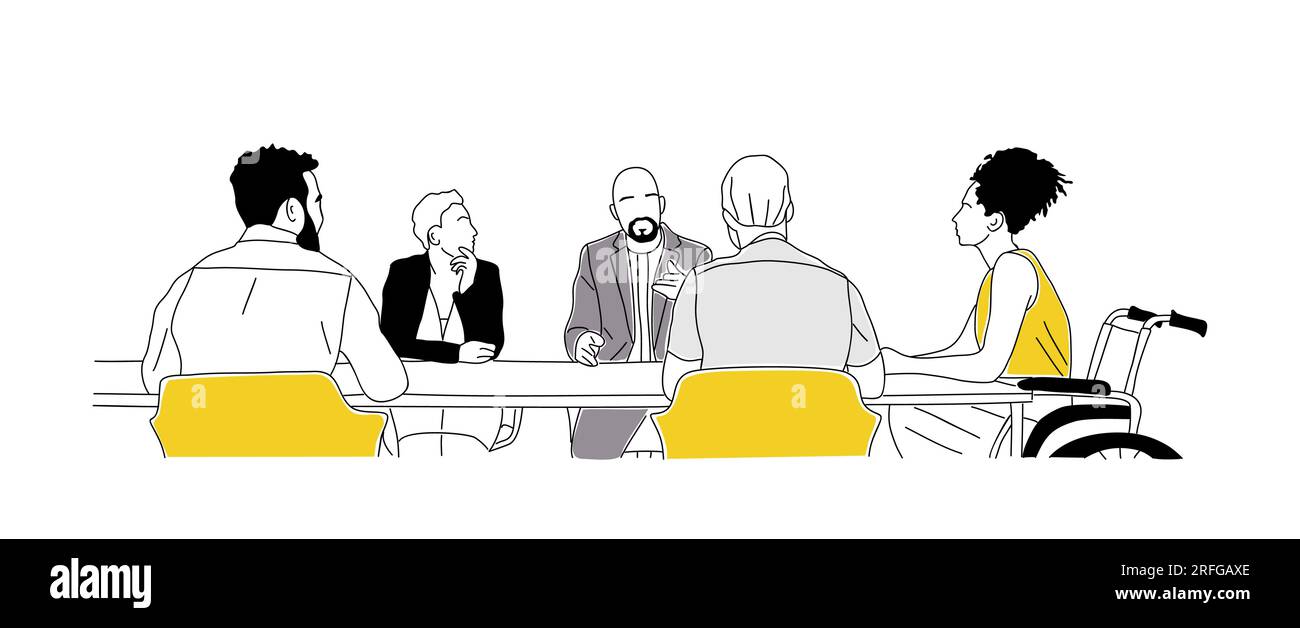 Diverse business team vector line art illustration Stock Vector Image ...