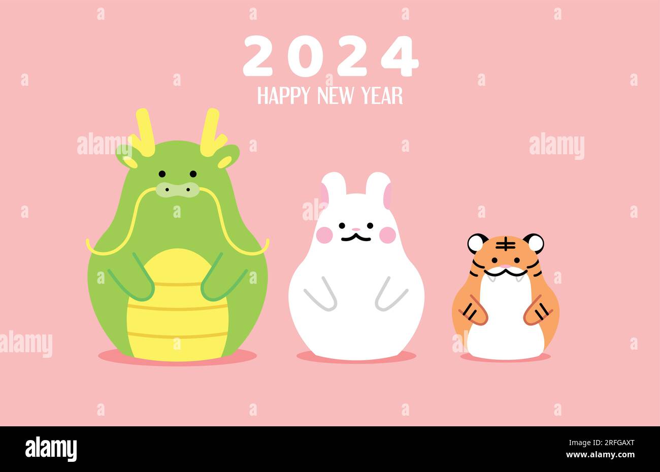 Three zodiac animals dragon rabbit tiger for cny 2024 greeting card