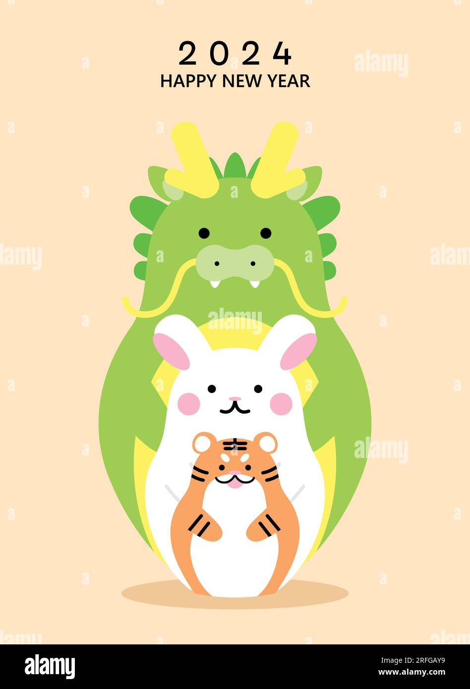 Cute zodiac animals for lunar new year 2024 card design as russian