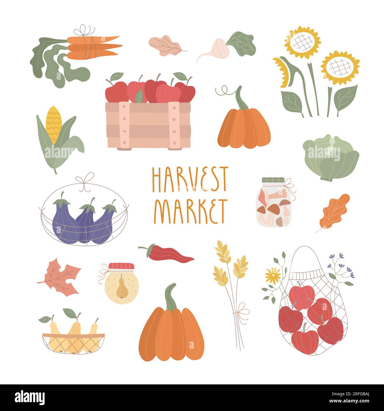 Set of fresh fruits, vegetables, baskets, farm products. Fall harvest market, cute vector illustrations, stickers. Stock Vector