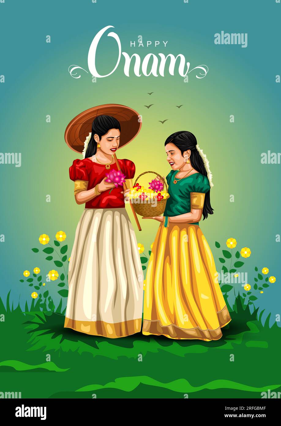 happy Onam celebration with vector illustration design of Kerala girls with basket flower Stock Vector