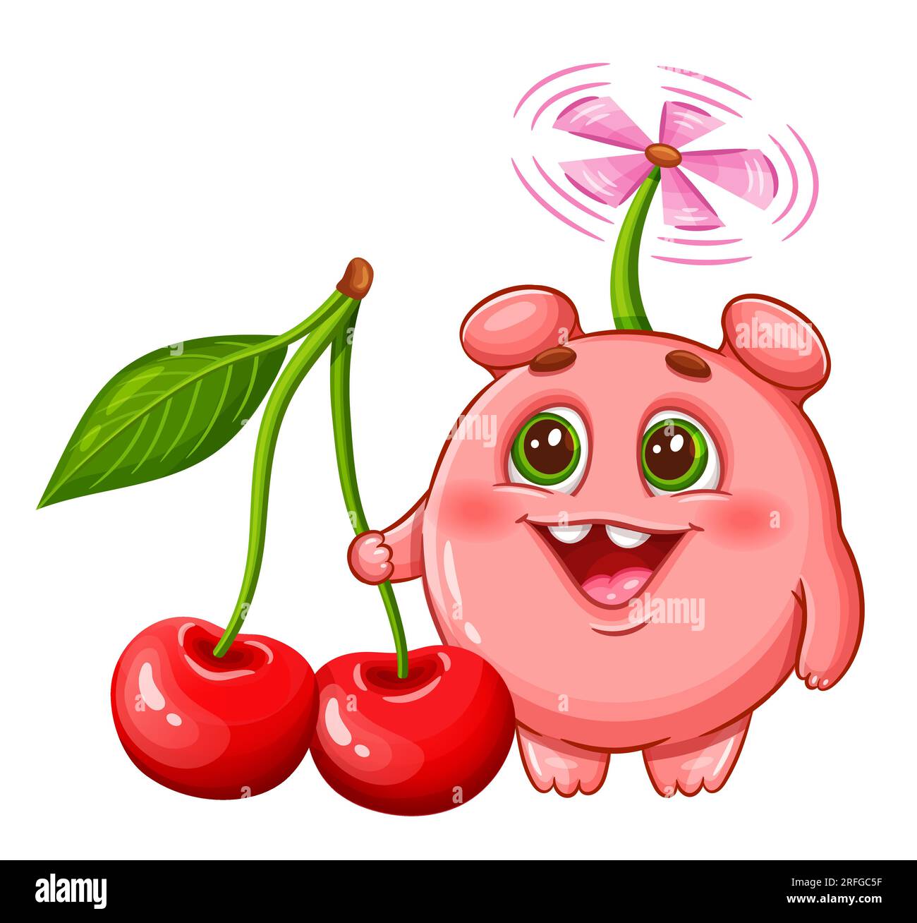 Cute monster, fantasy alien, cherry berry fruit. Funny humanoid children cartoon character. Fairy mutant demon creature. Kid vitamin juicy food vector Stock Vector