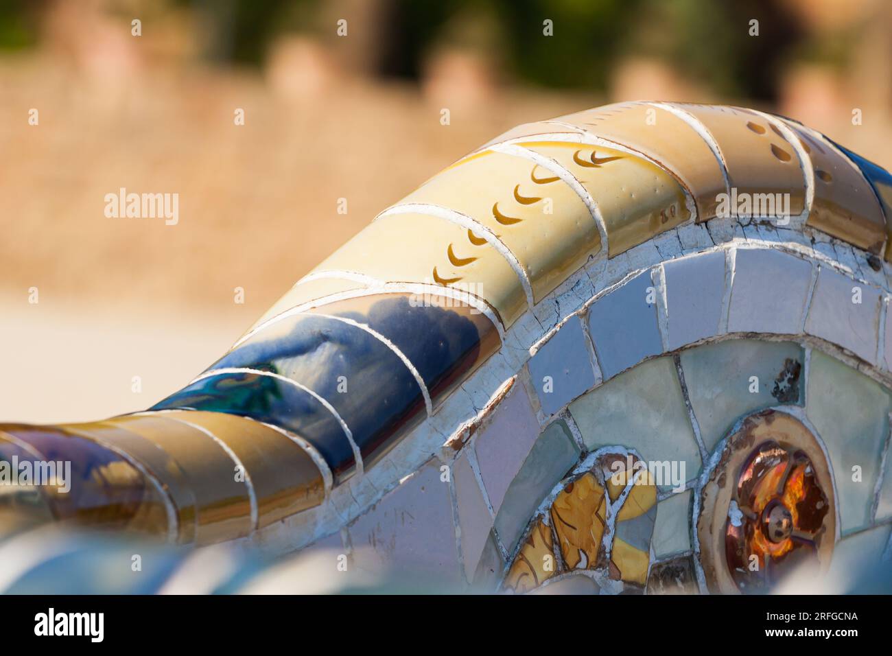 Detail closeup of mosaic in Park Guell, Barcelona Spain Stock Photo