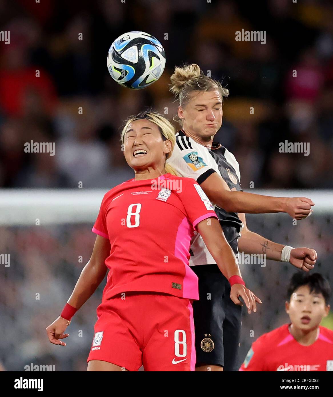 Brisbane, Australia. 3rd Aug, 2023. Cho Sohyun (L) of South Korea vies with Alexandra Popp of Germany for a header during the Group H match between South Korea and Germany at the 2023 FIFA Women's World Cup in Brisbane, Australia, Aug. 3, 2023. Credit: Zhang Chen/Xinhua/Alamy Live News Stock Photo