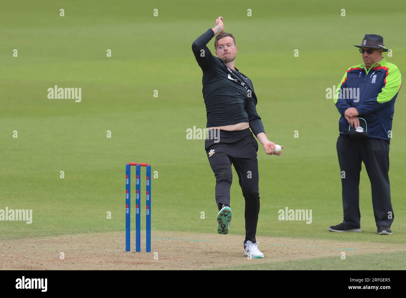 London, UK. 3rd Aug, 2023. Surrey's Daniel Moriarty bowling as Surrey take on Leicestershire in the Metro Bank One-Day Cup at the Kia Oval. Credit: David Rowe/Alamy Live News Stock Photo
