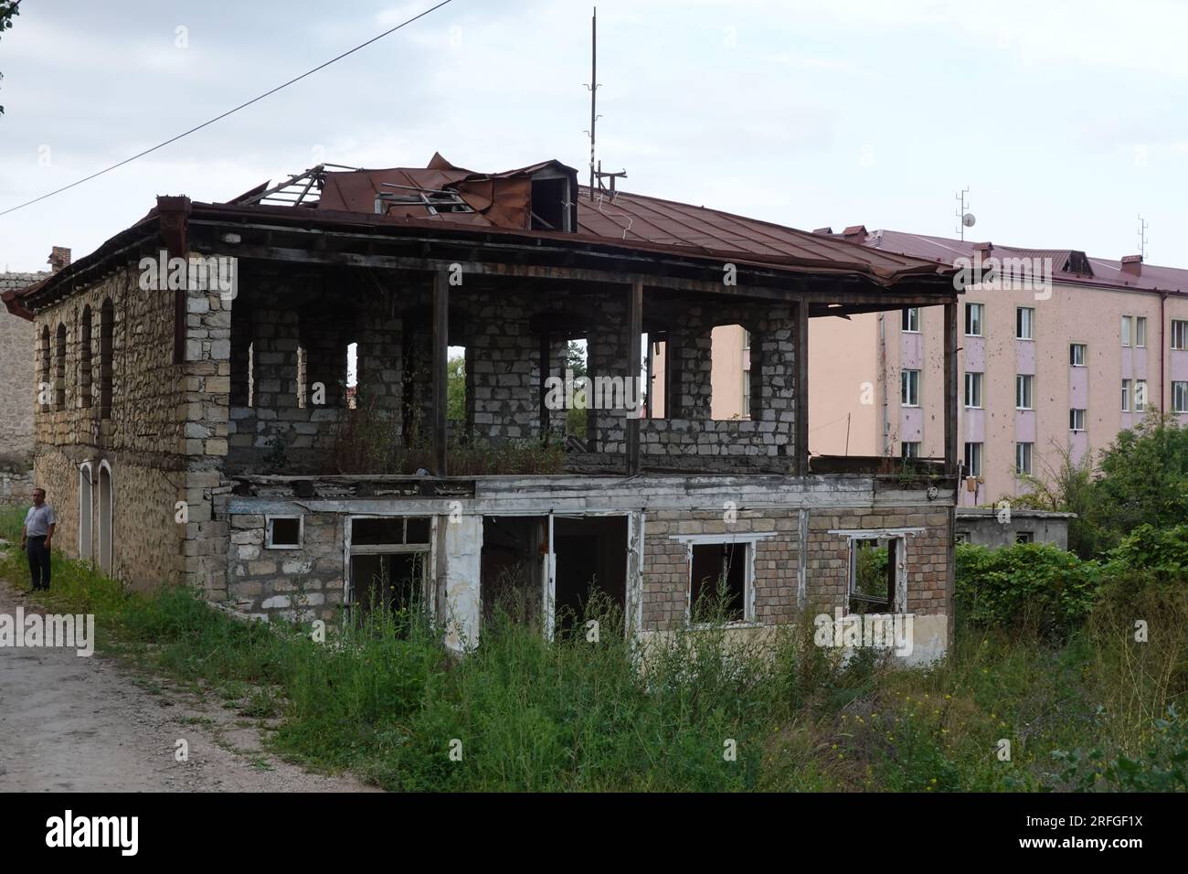 Shusha, Shushi, Susa an Azerbaijani showing parts of the City centre damaged by the 2020 Nagorno Karabakh and previous wars. Stock Photo