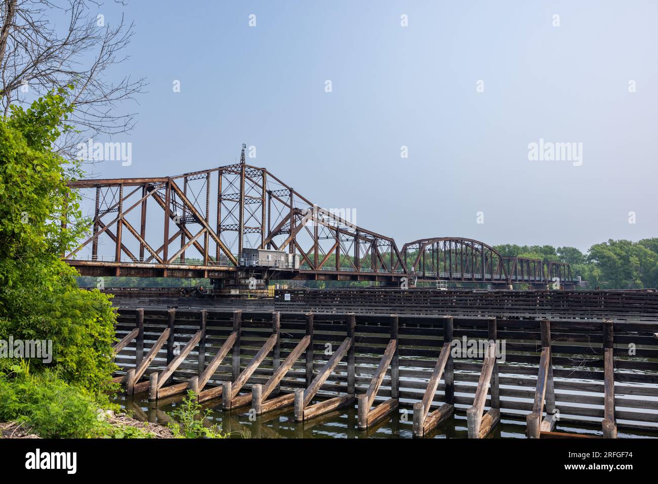 Railroad Swing Bridge On The Mississippi River Stock Photo
