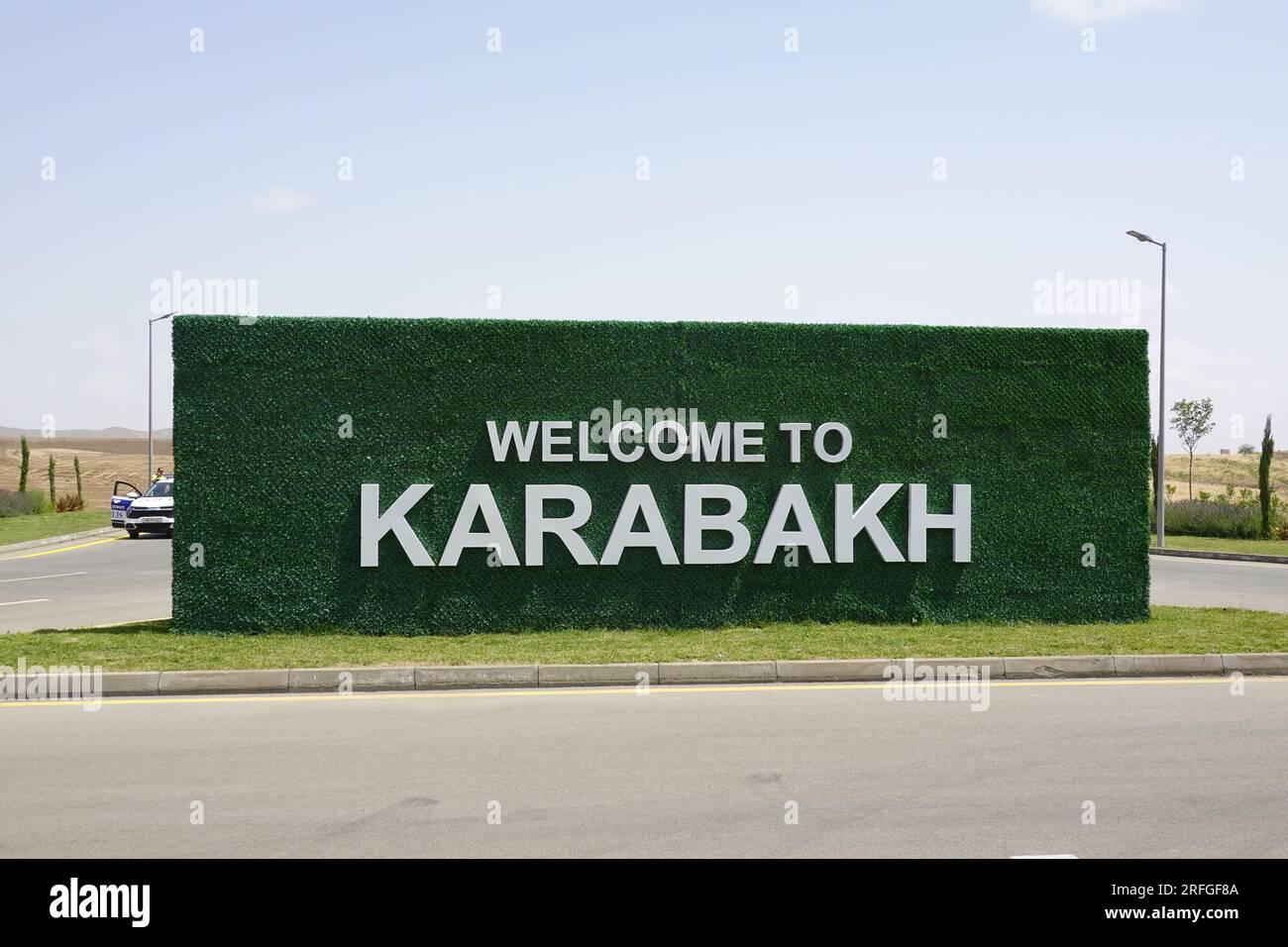 Welcome to Karabakh sign at Fuzuli Inyternational Airport, Fuzili, Azerbaijan Stock Photo