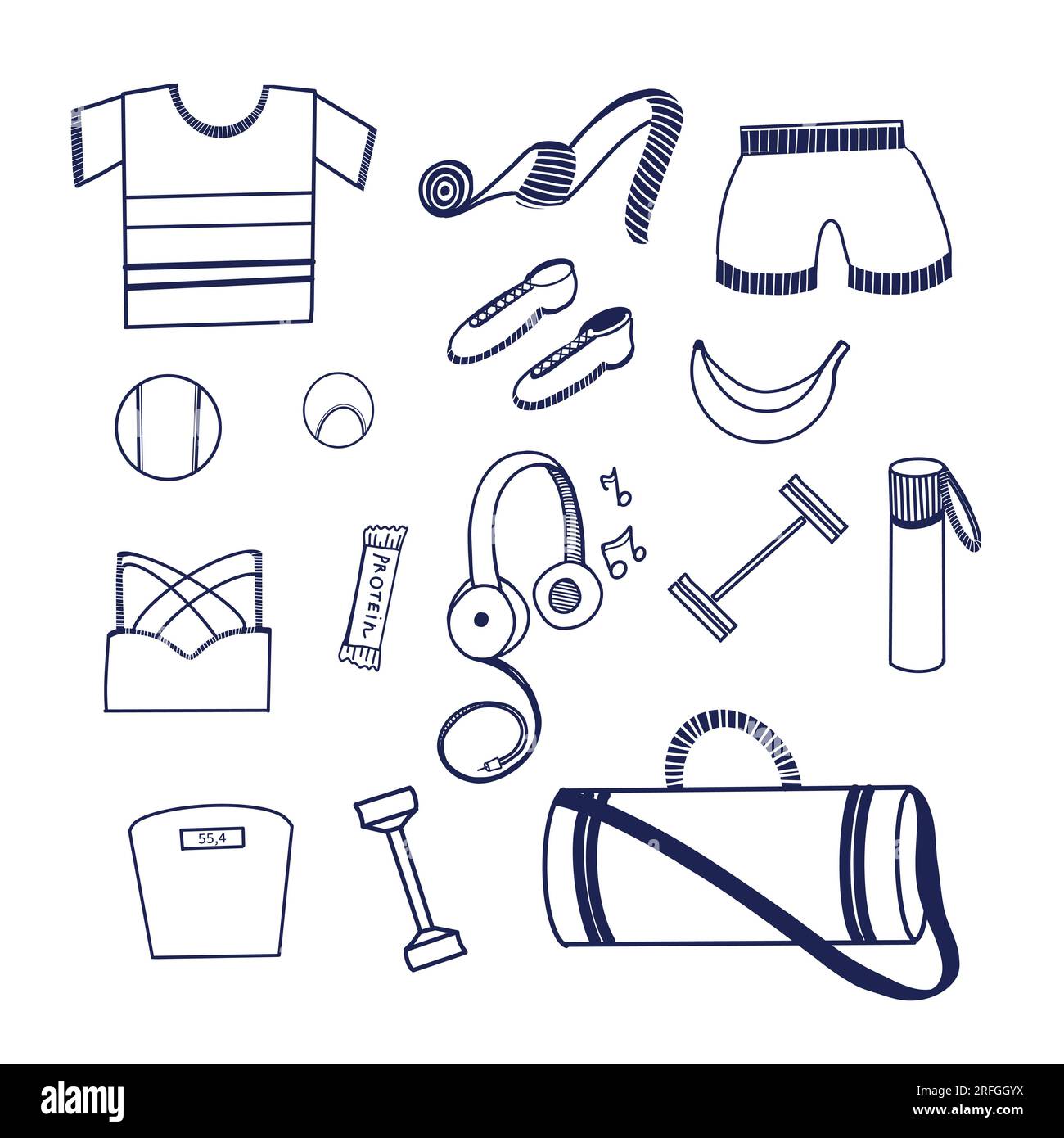 Set of illustrations. Sports equipment - tennis racket, dumbbells, bag, balls, jump rope, sneakers, scales, shorts, T-shirt, sports top drawn in vecto Stock Vector