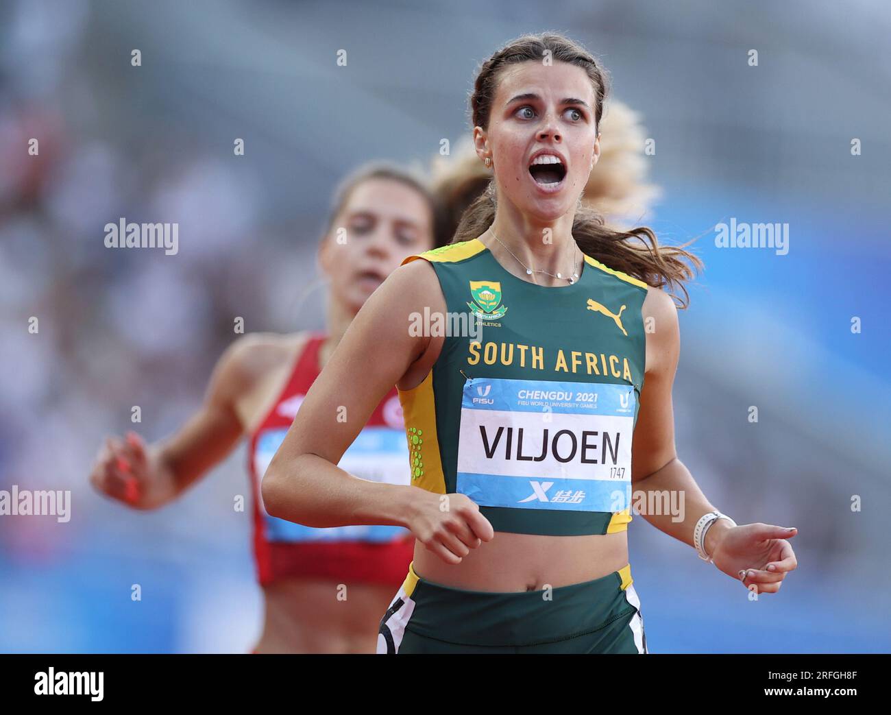 Chengdu, China's Sichuan Province. 3rd Aug, 2023. Marlie Viljoen of South Africa crosses the finish line during the athletics women's 400m final at the 31st FISU Summer World University Games in Chengdu, southwest China's Sichuan Province, Aug. 3, 2023. Credit: Jia Haocheng/Xinhua/Alamy Live News Stock Photo