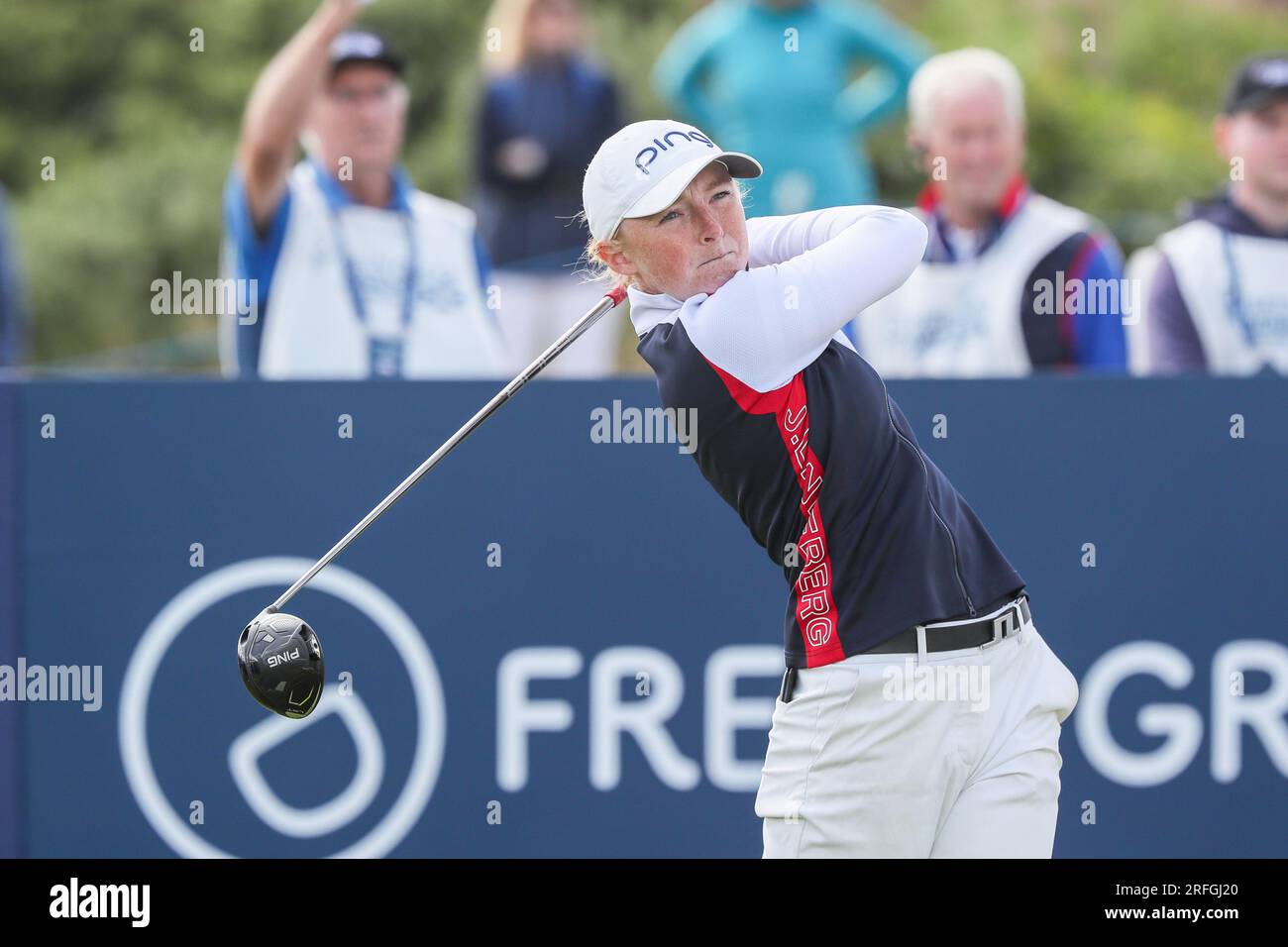 Irvine, UK. 03rd Aug, 2023. One day 1 of the Women's Scottish Open Golf tournament, an international field of 145 competitors began teeing off at Dundonald Links Golf Course, near Irvine, Ayrshire Scotland, UK. The competition, over 4 days is for a purse of $3,000,000 and the cut after the second round will be for the top 65 and ties. Louise Duncan from Scotland on the first tee. Credit: Findlay/Alamy Live News Stock Photo