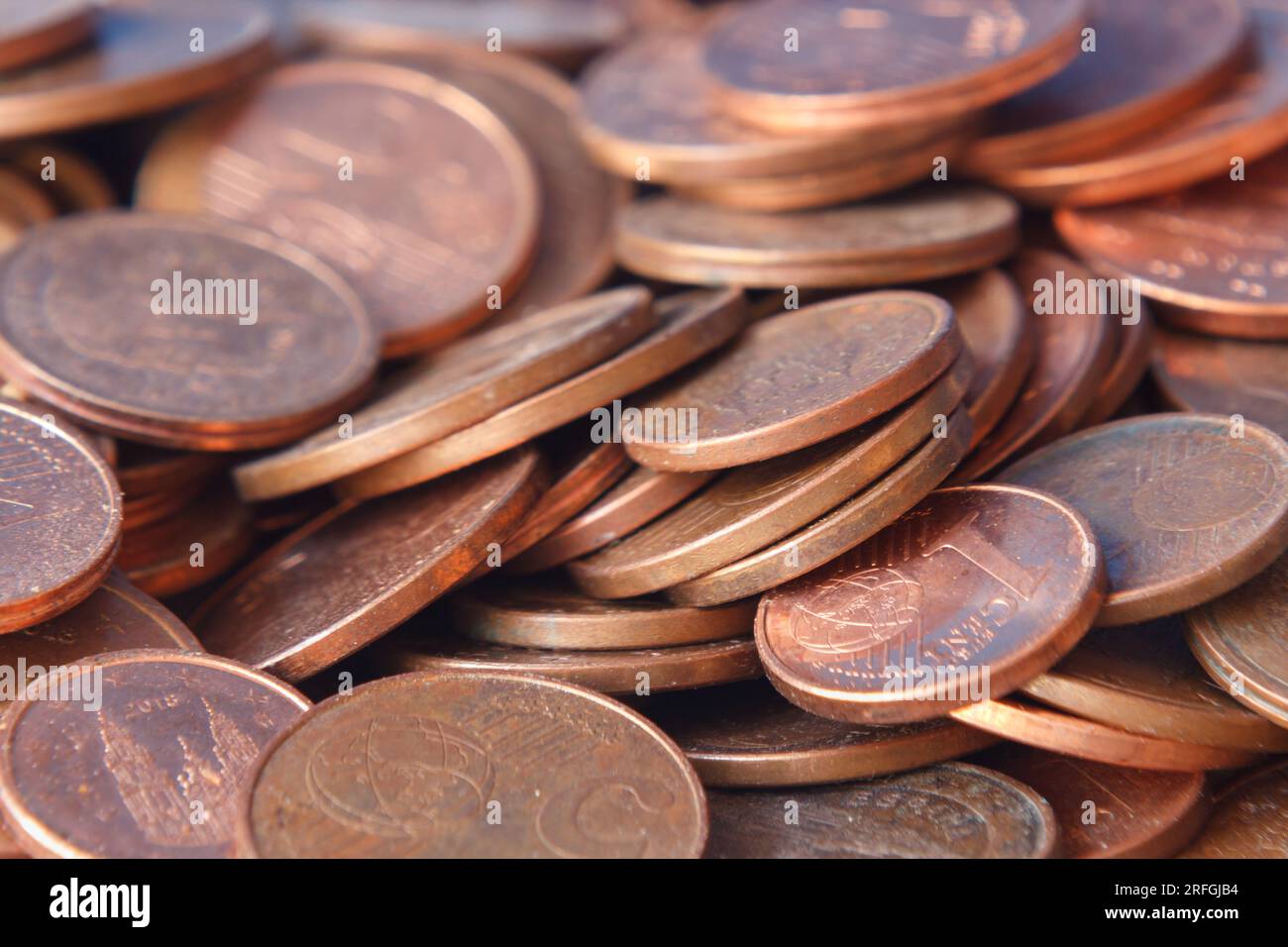 Group of euro cent coins piled up, Spain Stock Photo