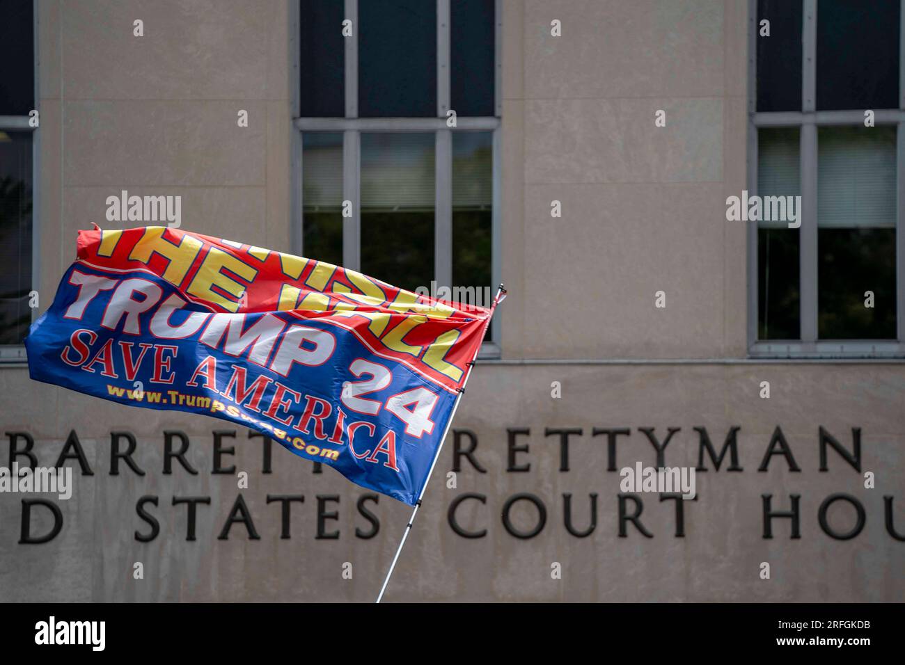 Washington, United States. 03rd Aug, 2023. Supporters of former President Donald Trump wave flags outside the E. Barrett Prettyman Federal Courthouse before his arraignment on charges of election subversion, in Washington DC, on Thursday, August 3, 2023. Special counsel Jack Smith has indicted the former president on four charges in connection with his actions leading up to and after the January 6 attack on the U.S. Capitol. Photo by Bonnie Cash/UPI Credit: UPI/Alamy Live News Stock Photo