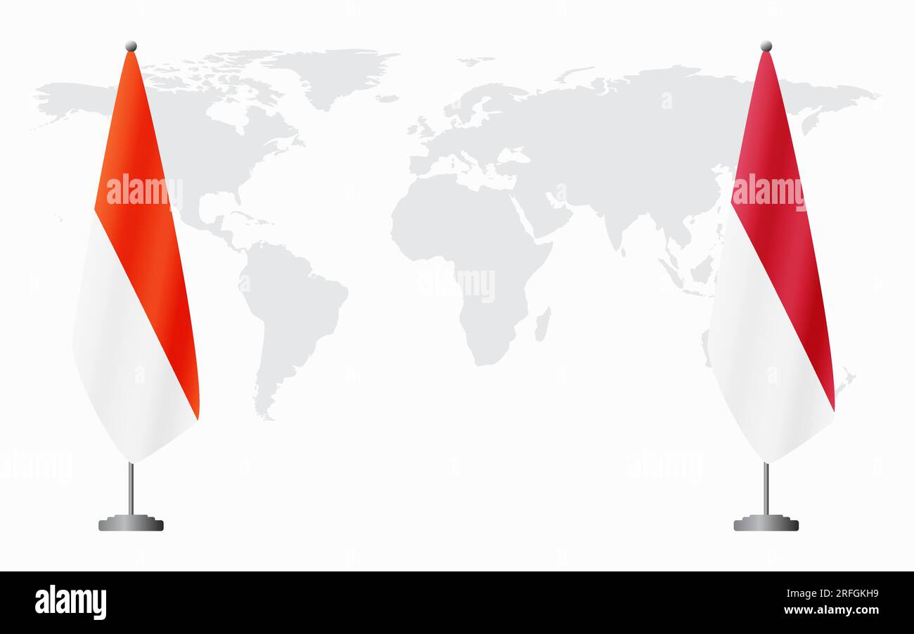 Indonesia and Monaco flags for official meeting against background of