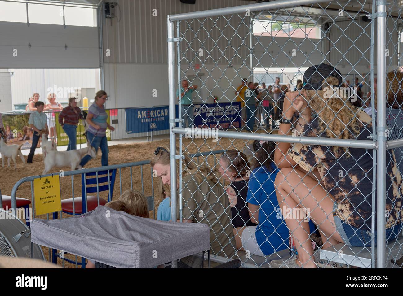 Spectators watch a goat competition at the 2023 Delaware State Fair in Harrington, Delaware USA. Stock Photo