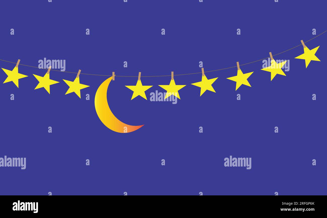 Stars and moon hanging on a rope with clothes pegs Stock Vector Image ...