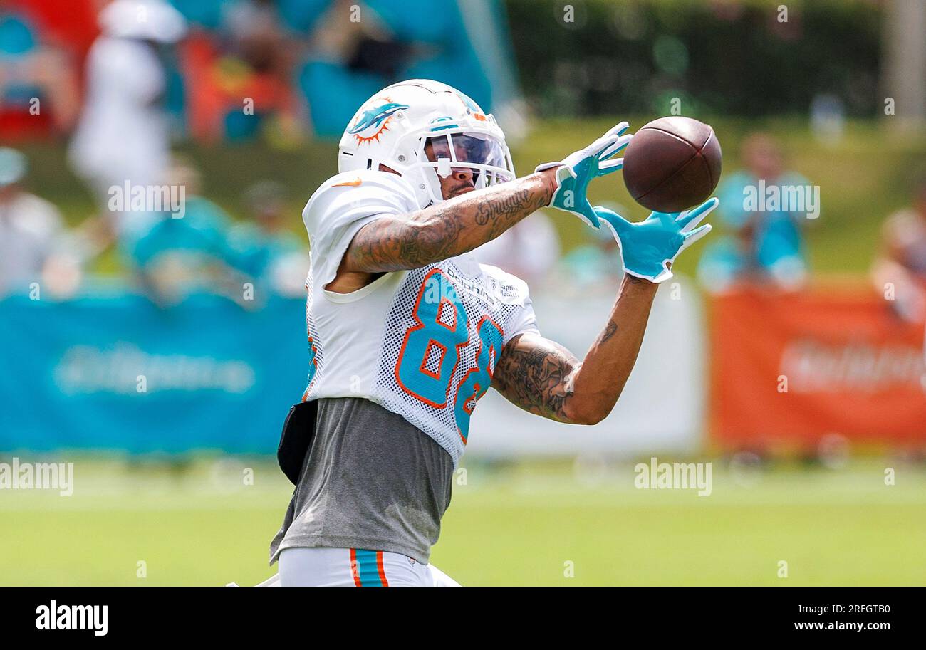 Miami Dolphins wide receiver Freddie Swain heads back to the locker room  after a play during the second half of a preseason NFL football game  against the Atlanta Falcons, Friday, Aug. 11,