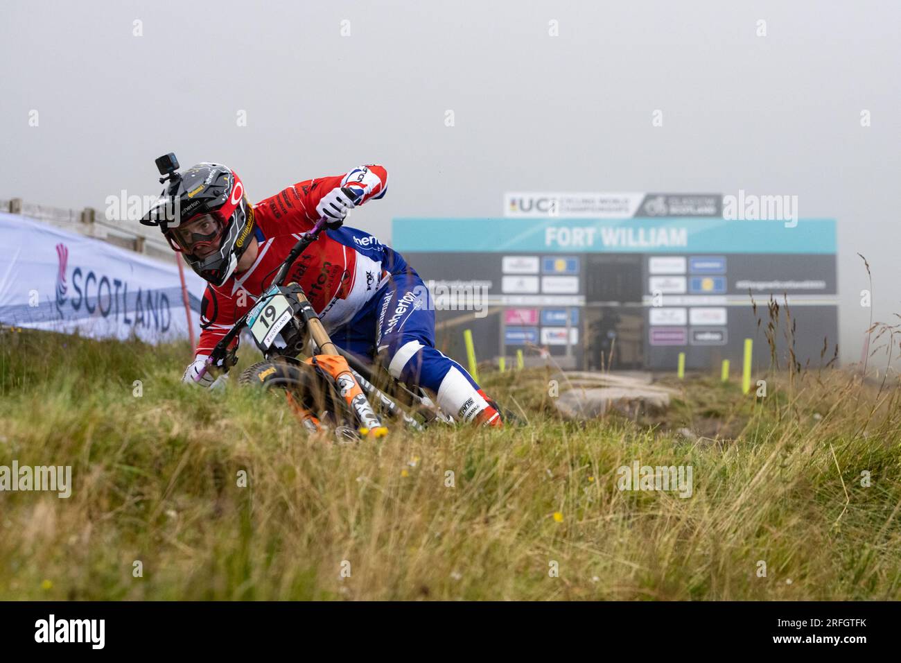 Fort William, Scotland, UK. 3rd Aug, 2023. The UCI Cycling World Championships Mountain Bike Downhill is underway in Fort William. Today was practice day and Mens and Womens Qualifications Pictured: Dom Platt British mens junior rider who has qualified in 4th place Credit: Kay Roxby/Alamy Live News Stock Photo