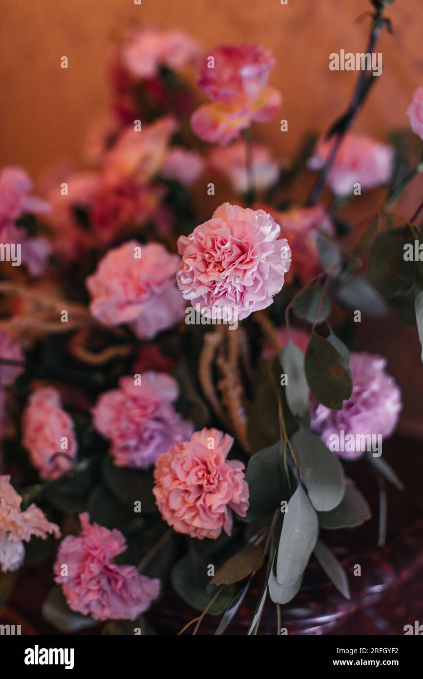 Bouquets of fresh pink flowers. Romance and femininity. Stock Photo