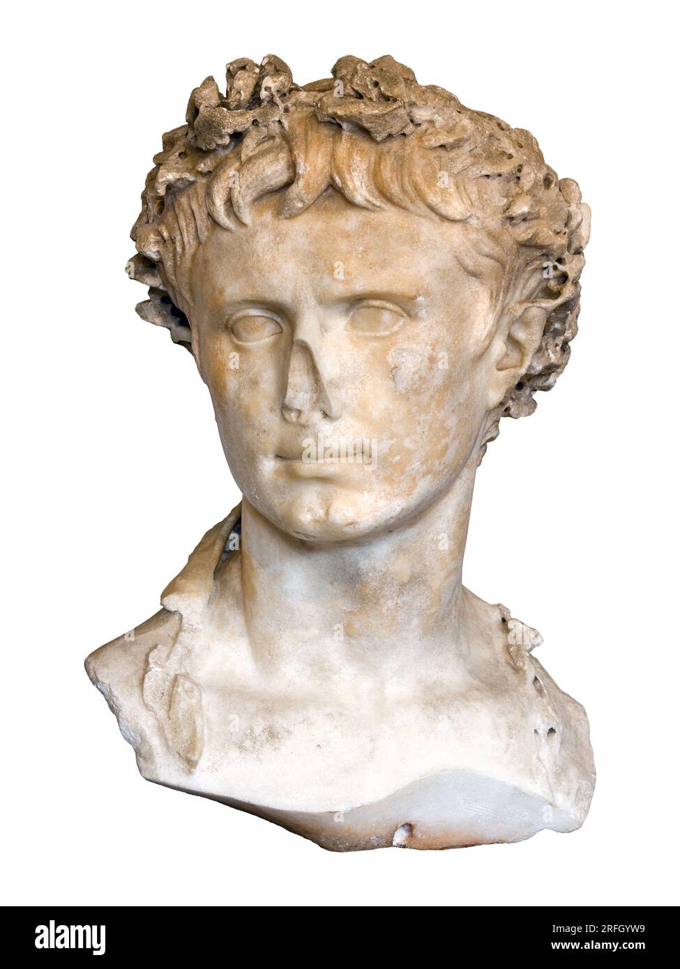 Bust of Augustus Caesar from Prima Porta, marble statue of the first emperor of the Roman Empire, isolated close up Stock Photo