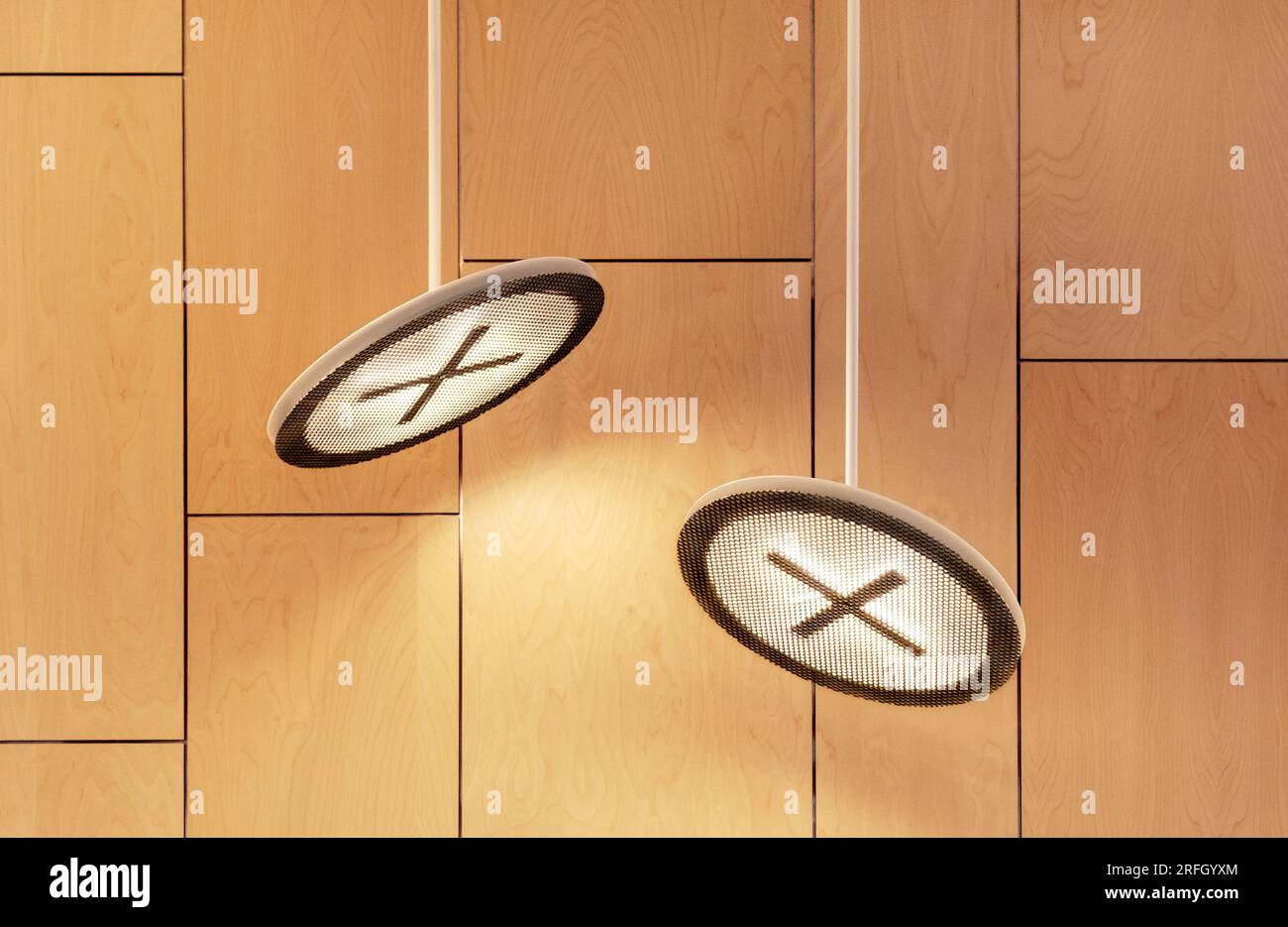 Two modern design ceiling lamps against wooden wall, contemporary indoor led lighting equipment Stock Photo