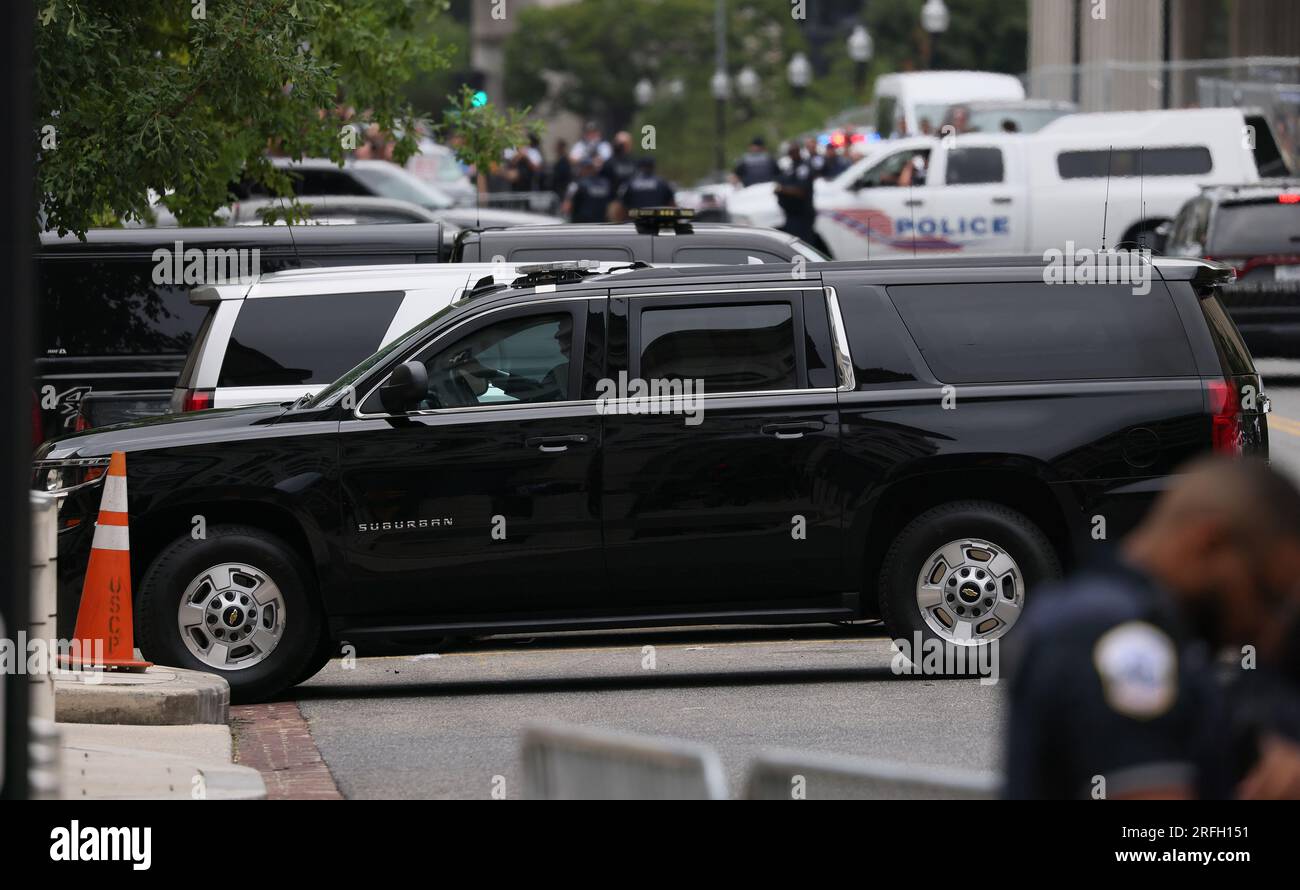 Washington, United States. 03rd Aug, 2023. A motorcade believed to be carrying former President Donald Trump arrives at the E. Barrett Prettyman Federal Courthouse for his arraignment on charges of election subversion, in Washington DC, on Thursday, August 3, 2023. Special counsel Jack Smith has indicted the former president on four charges in connection with his actions leading up to and after the January 6 attack on the U.S. Capitol. Photo by Jemal Countess/UPI. Credit: UPI/Alamy Live News Stock Photo