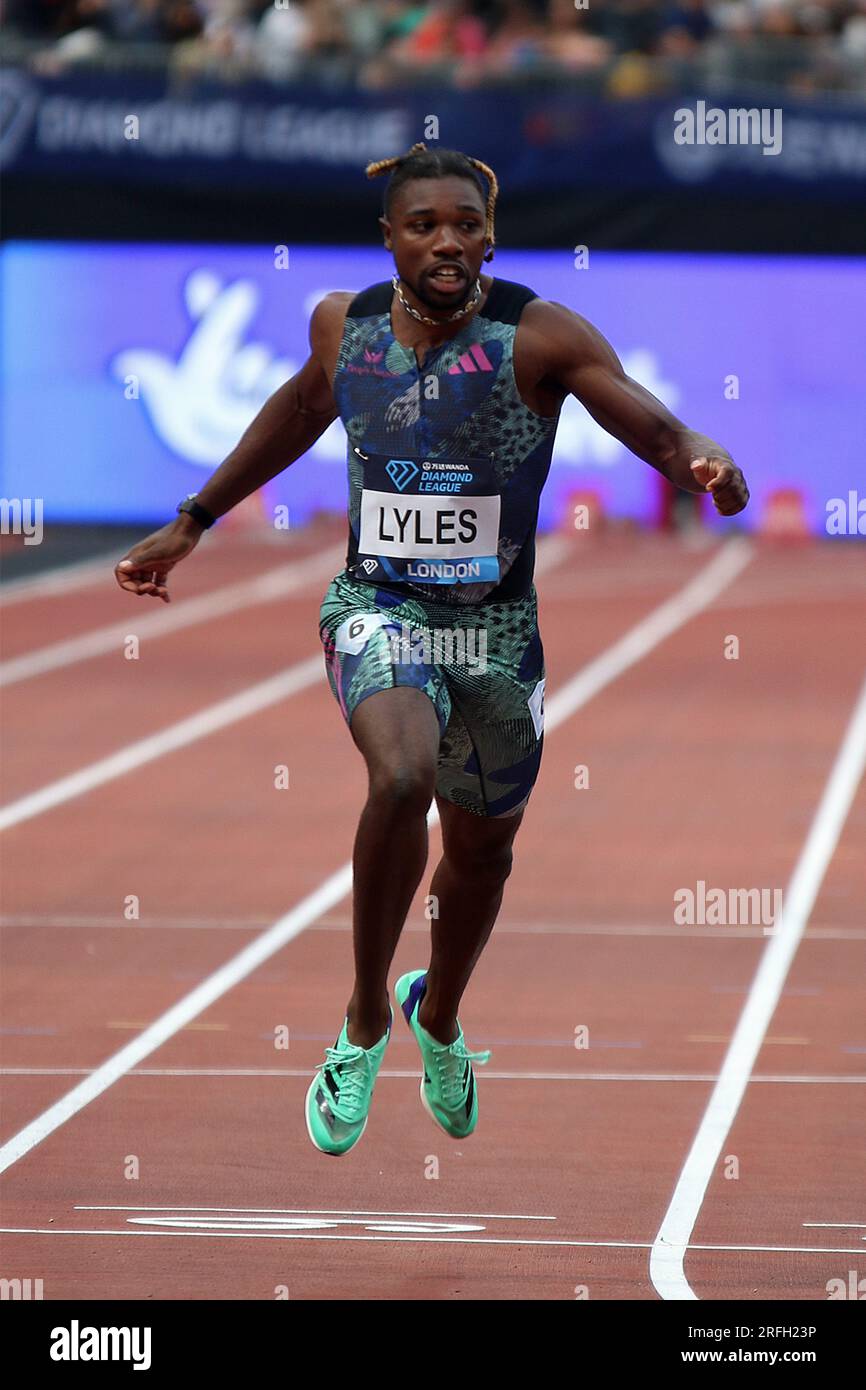 Noah LYLES of the USA wins the mens 200 metres in the Wanda Diamond League, London Stadium