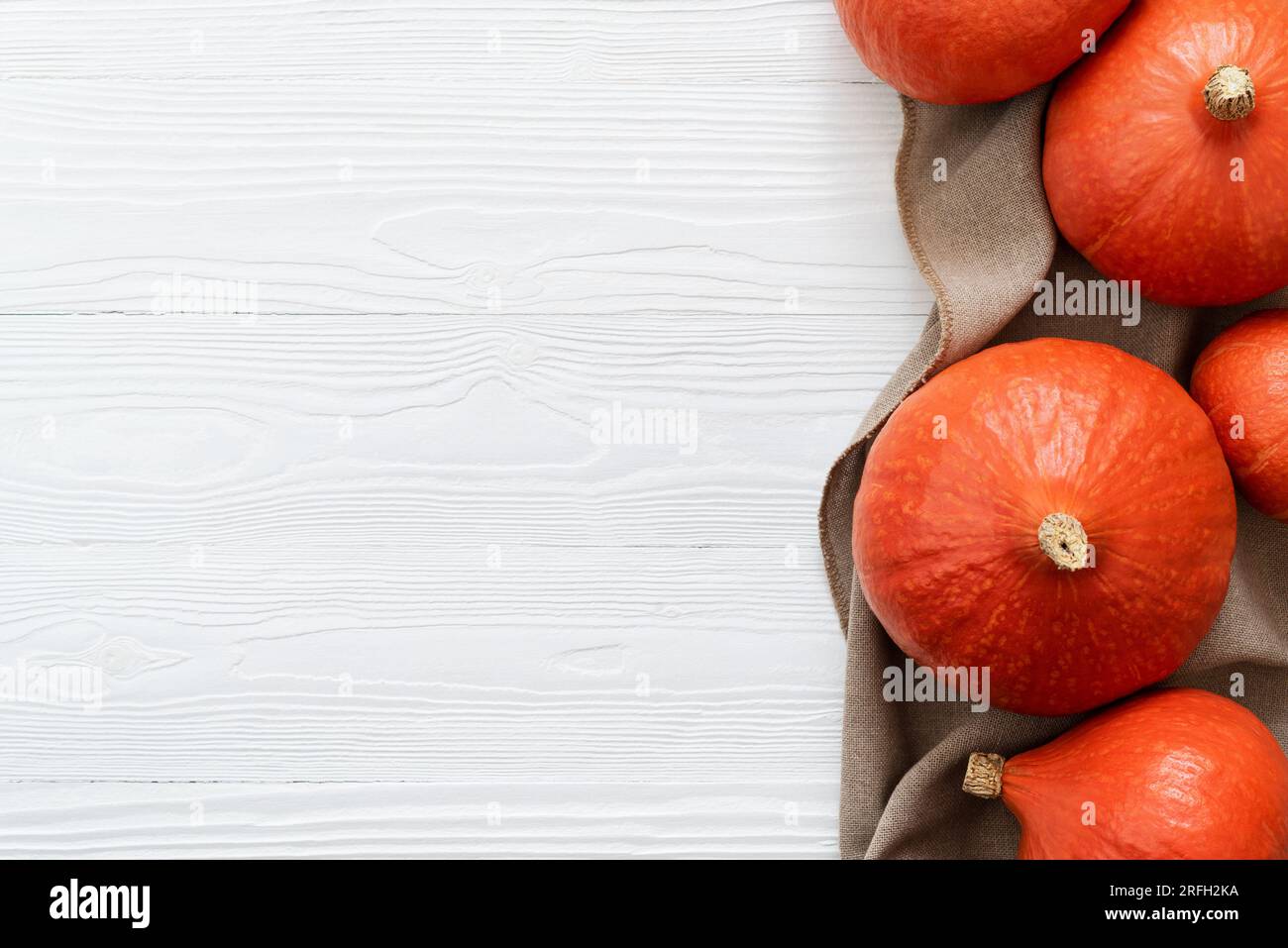 Harvest of Red Kuri Squash on a White Wooden Background with Copy Space Stock Photo