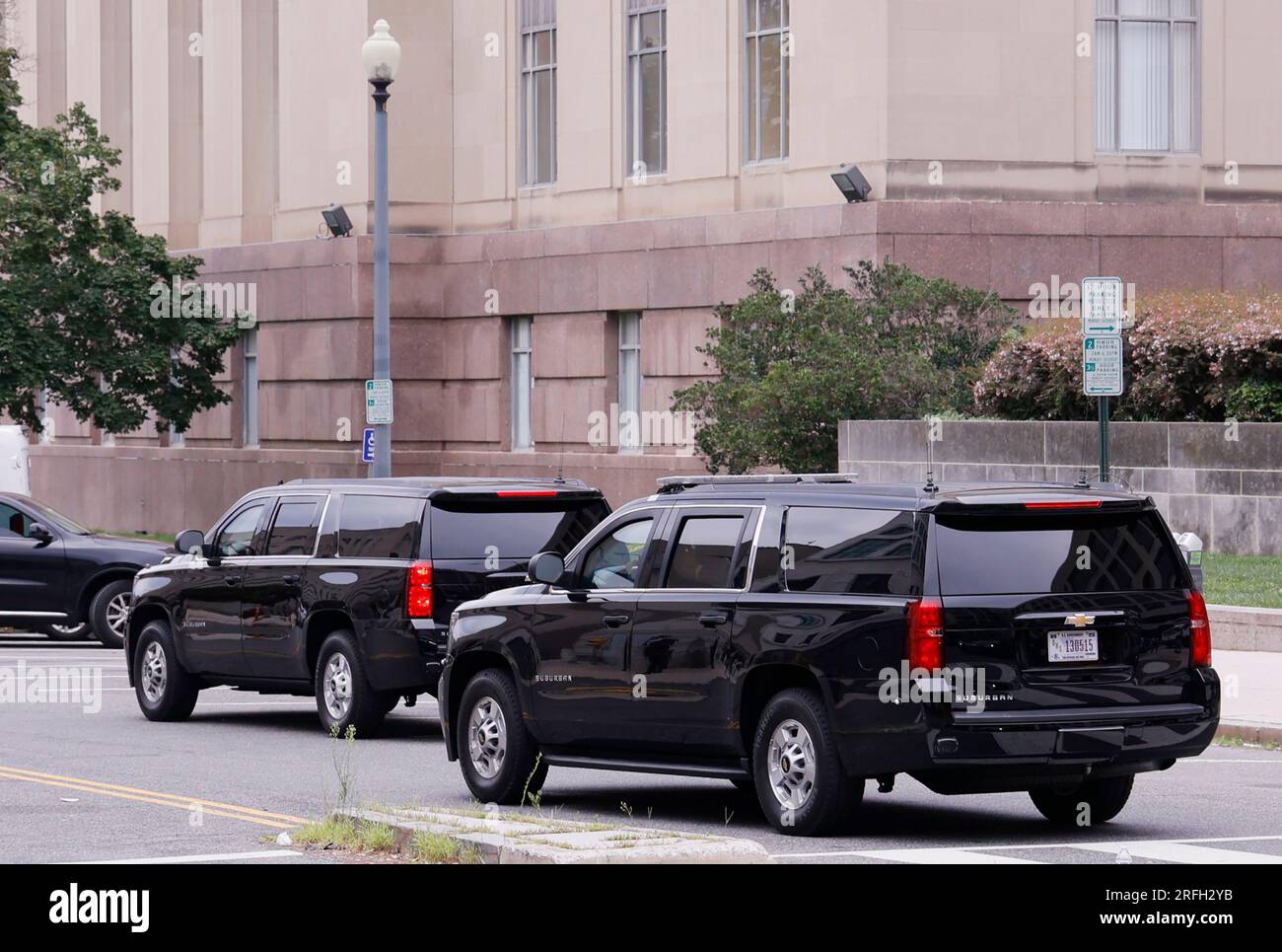 Washington, United States. 03rd Aug, 2023. A motorcade believed to be carrying former President Donald Trump arrives at the E. Barrett Prettyman Federal Courthouse for his arraignment on charges of election subversion, in Washington DC, on Thursday, August 3, 2023. Special counsel Jack Smith has indicted the former president on four charges in connection with his actions leading up to and after the January 6 attack on the U.S. Capitol. Photo by Jemal Countess/UPI. Credit: UPI/Alamy Live News Stock Photo