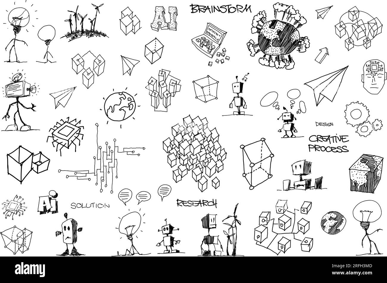 hand drawn architectural sketches of artificial intelligence topics and robots and future and science topics and machine learning and circuits Stock Photo