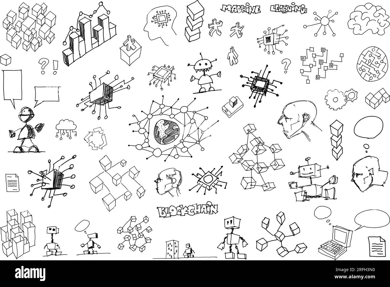 hand drawn architectural sketches of artificial intelligence topics and robots and future and science topics and machine learning and circuits Stock Photo