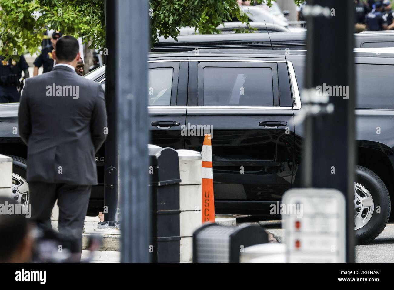 Washington, United States. 03rd Aug, 2023. A motorcade carrying former President Donald Trump to his arraignment in Federal Court arrives at the E. Barrett Prettyman United States Courthouse on August 3, 2023 in Washington, DC. On Tuesday Special Counsel Jack Smith announced that a Grand Jury has indicted the former President on four criminal counts of using 'unlawful means of discounting legitimate votes and subverting the election results.' (Photo by Samuel Corum/Sipa USA) Credit: Sipa USA/Alamy Live News Stock Photo