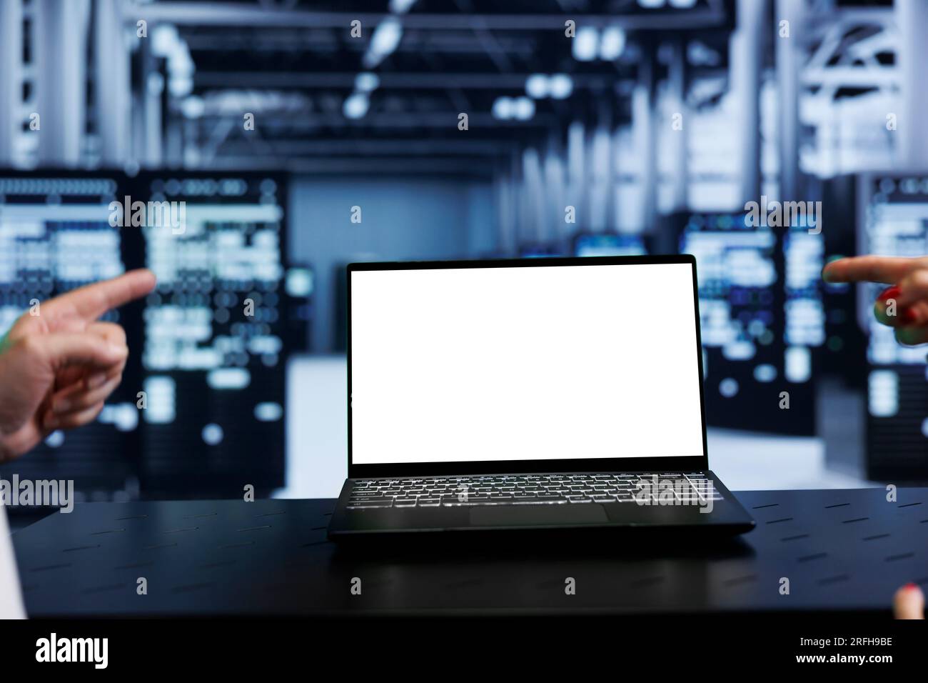 Close up shot of mock up laptop used by computer scientist in data